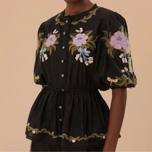 FARM Rio Black Blouse with Floral Embroidery